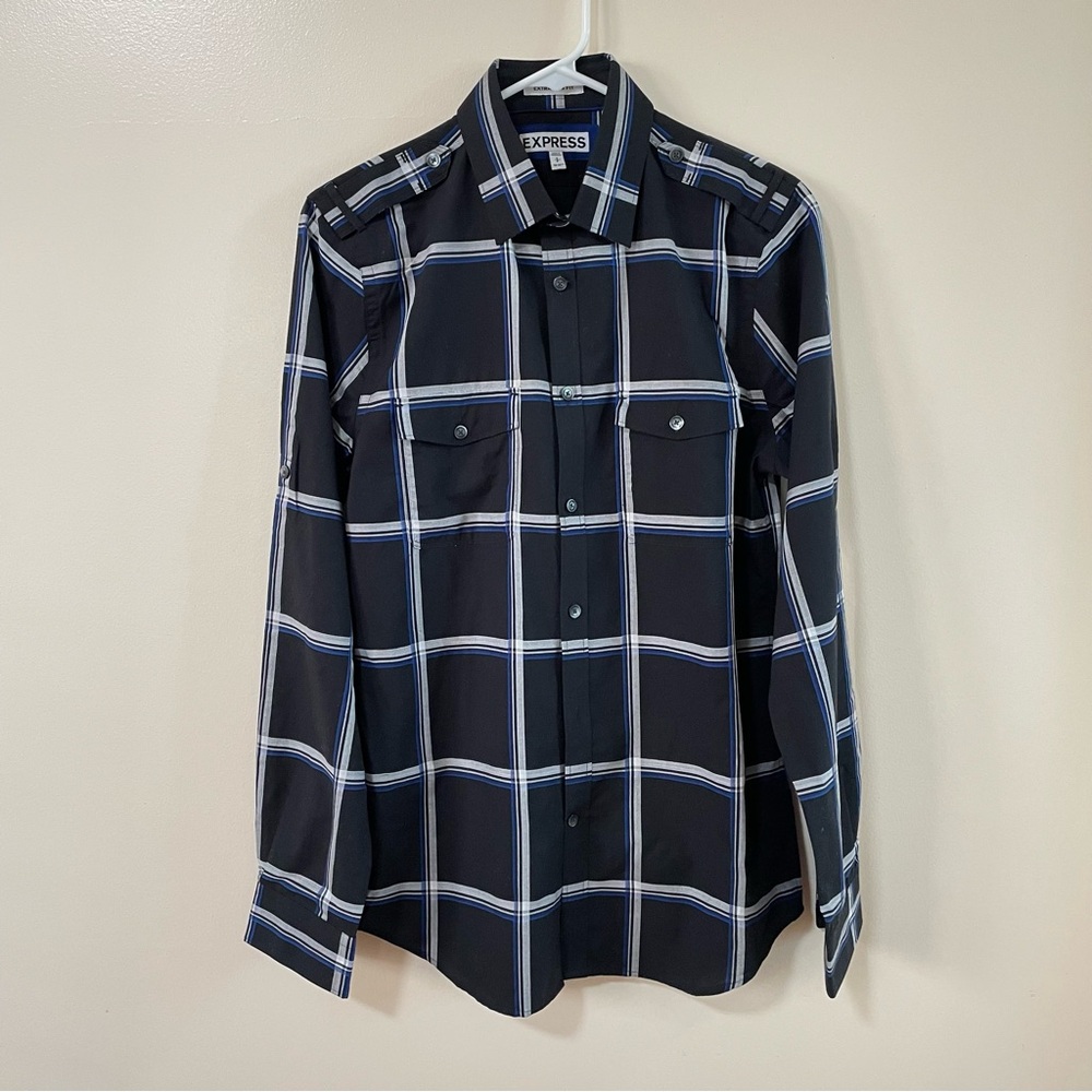 Express Men’s Extra Slim Fit Shirt in Black/Blue (Size: S)